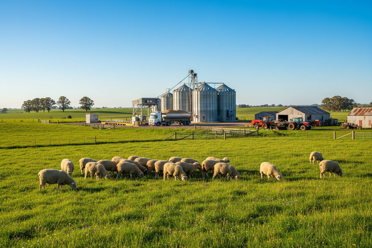 Australian Farm with Sheep and Silos