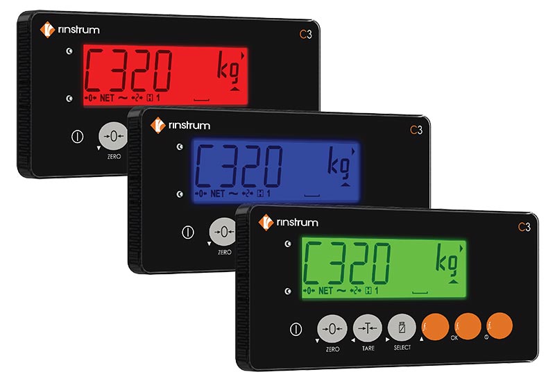 Three digital display panels with different color screens on a white background
