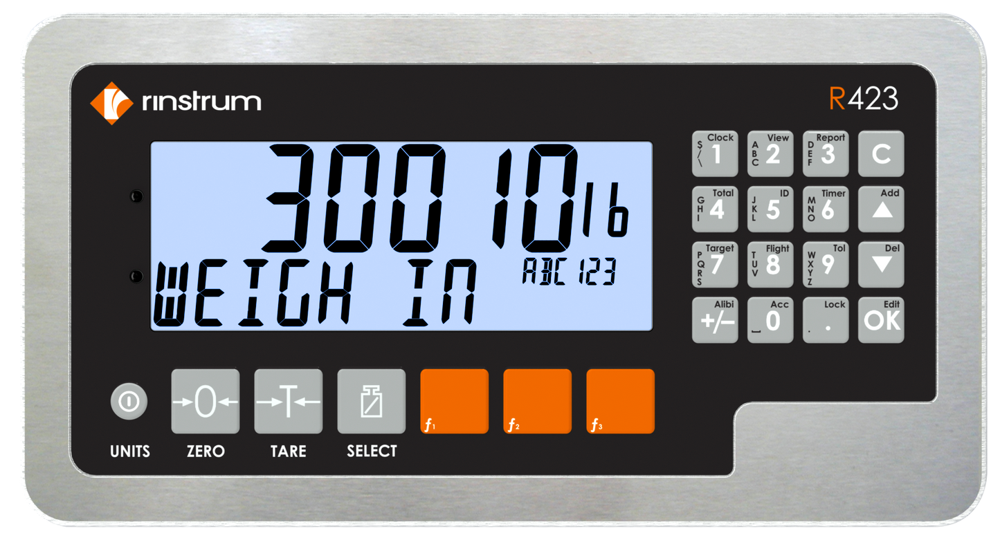 Digital weighing scale display with keypad and screen showing weight reading.