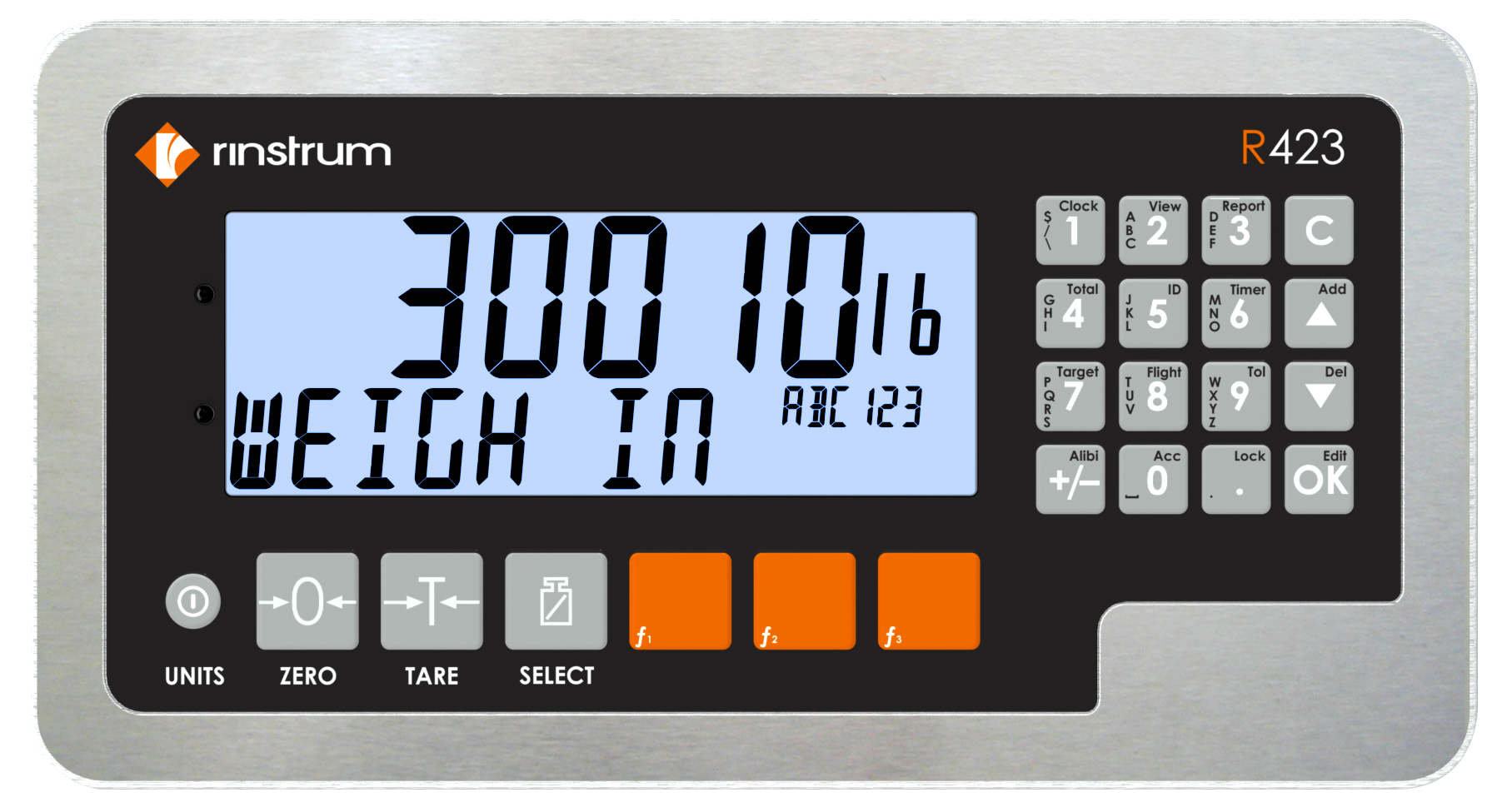 Digital weighing scale display with keypad and screen showing weight reading.