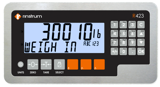 Digital weighing scale display with keypad and screen showing weight reading.
