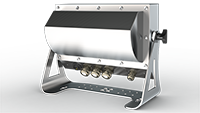 Metallic cylindrical device with multiple outlets on a white background