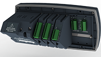 Black electronic device with output modules on a white background