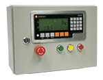 Control panel with digital display and buttons on a gray background