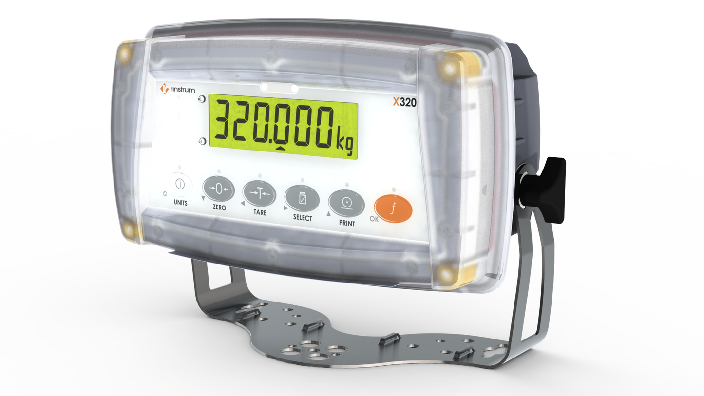 Digital weighing instrument with a clear cover displaying '320,000 kg' on a white background.