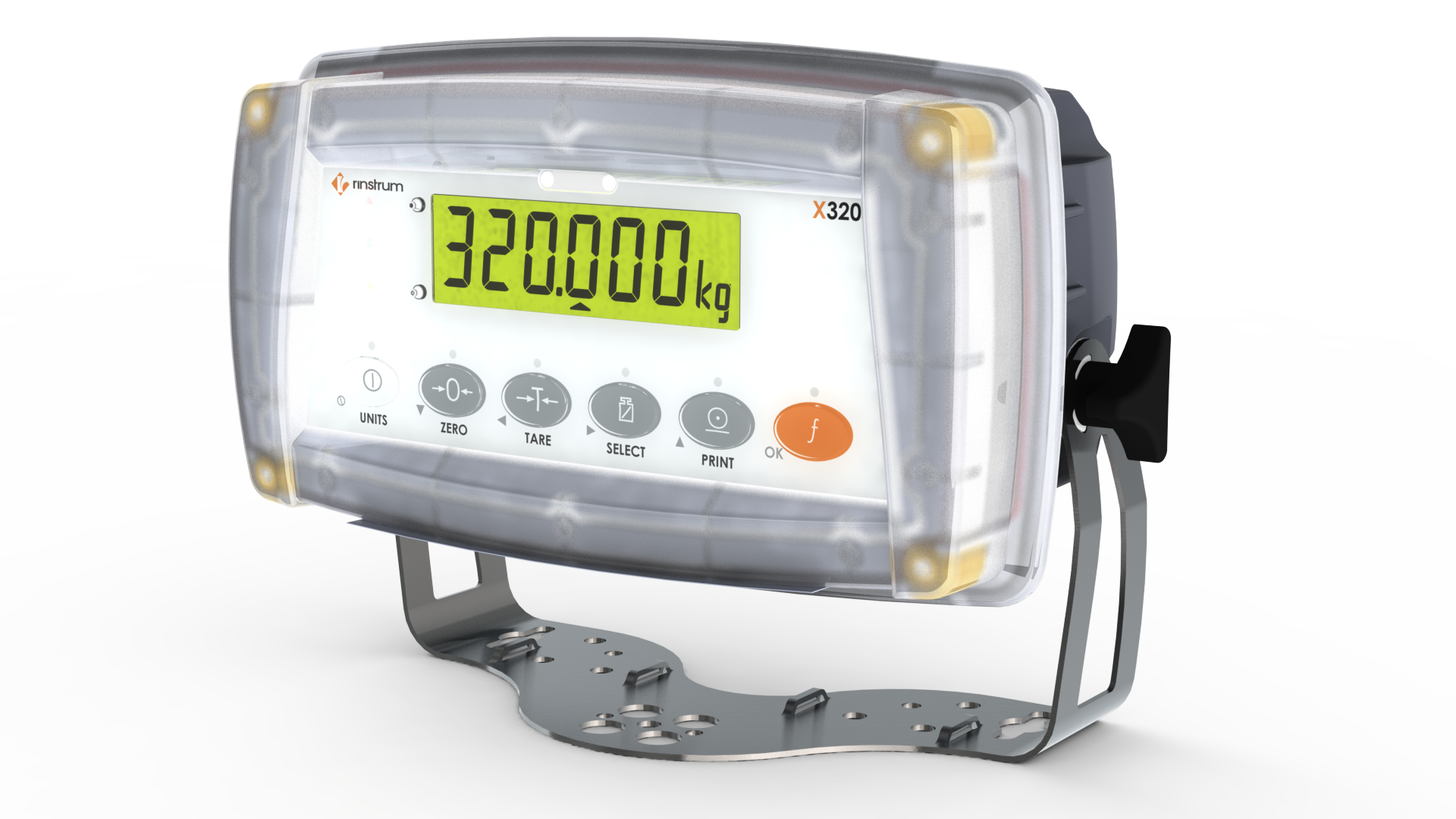 Digital weighing instrument with a clear cover displaying '320,000 kg' on a white background.