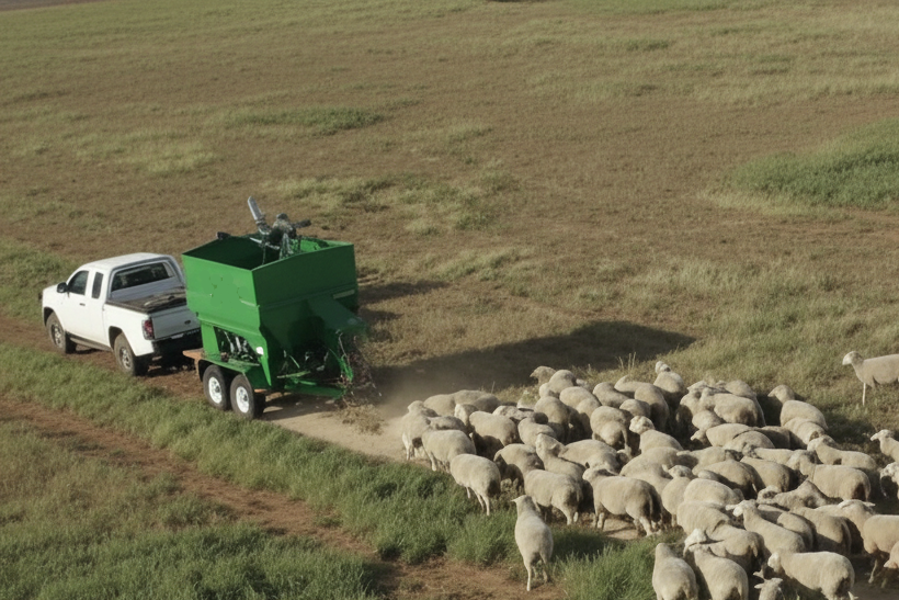 Sheep being herded by a trail feed feed out trail truck with a green feed bin on a grassy field.